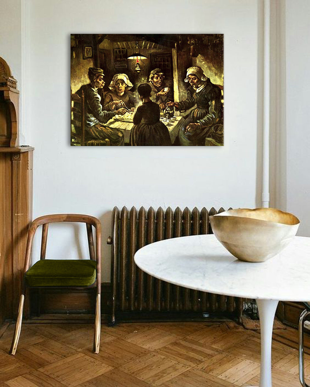 Vintage slika na platnu s motivom Vincent van Gogh - Jedáci zemiakov, mapa, priroda u bež-smeđih nijansama, tmurna atmosfera, pogodan za kuhinje – glavna