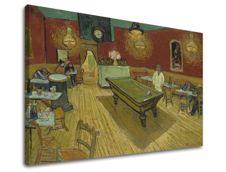 Vintage slika na platnu s motivom Vincent van Gogh - Nočná kaviareň, sat, mapa, priroda u smeđe-zelenih nijansama, pogodan za kuhinje | Slika na platnu Vincent van Gogh - Nočná kaviareň – proizvod