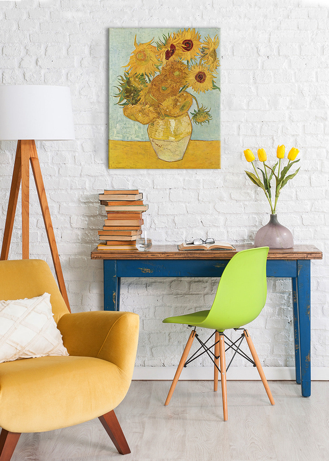 Vintage slika na platnu s motivom Vincent van Gogh - Váza s dvanástimi slnečnicami, vaza, cvijeće u plavo-žutih nijansama, živahna atmosfera, pogodan za dnevnog boravka – glavna