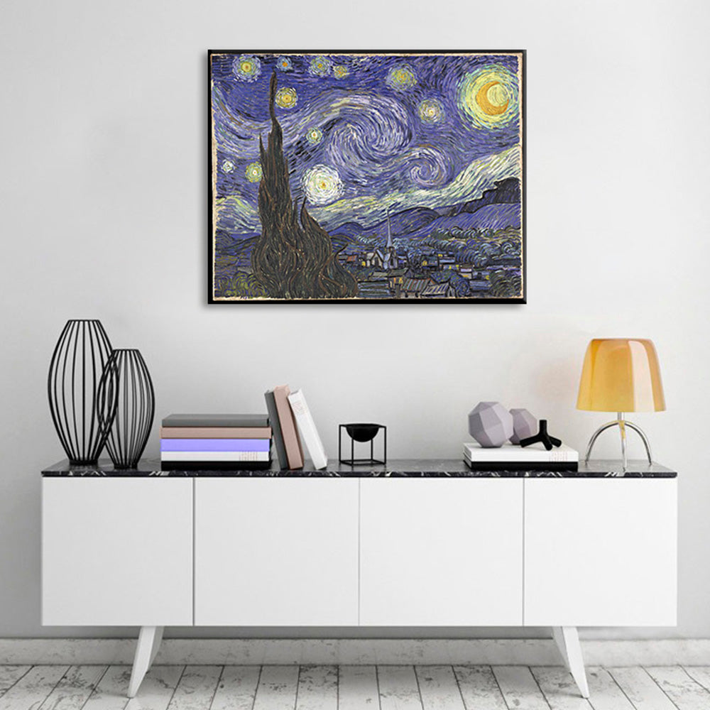 Moderan slika na platnu s motivom Vincent van Gogh - Hviezdna noc, noćno nebo, zvijezde u plavo-zlatnih nijansama, sanjiva atmosfera | Slika na platnu Vincent van Gogh - Hviezdna noc – glavna