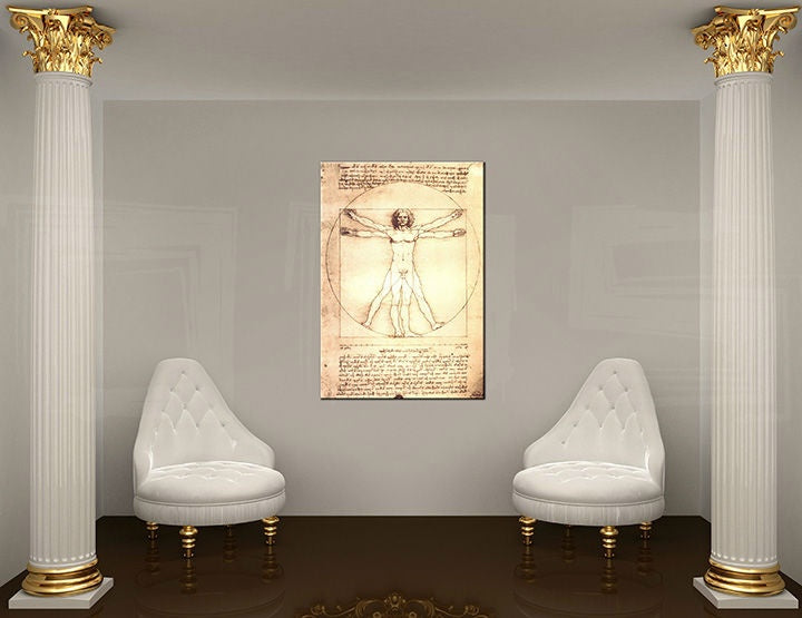 Vintage slika na platnu s motivom VITRUVIÁNSKY MUŽ– Leonardo Da Vinci u bijelo-zlatnih nijansama okačena u enterijeru radne sobe | Slika na platnu VITRUVIÁNSKY MUŽ– Leonardo Da Vinci – enterijer