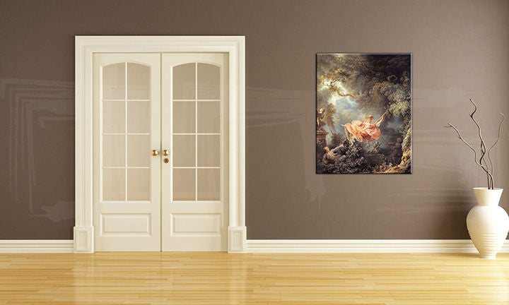 Vintage slika na platnu s motivom HOJDAČKA – Jean-Honoré Fragonard, drveće, pejzaž, mapa, priroda u ružičasto-zelenih nijansama okačena u enterijeru hodnika – enterijer
