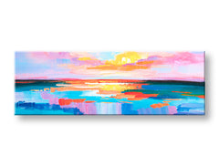 Pop art slika na platnu s motivom ZALAZAK SUNCA, okean, nebo, pejzaž, more i plaža u bijelo-plavih nijansama, mirna atmosfera, pogodan za kancelarije – glavna