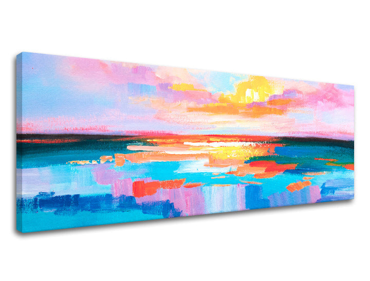 Pop art slika na platnu s motivom ZALAZAK SUNCA, okean, nebo, pejzaž, more i plaža u bijelo-plavih nijansama, mirna atmosfera, pogodan za kancelarije – proizvod