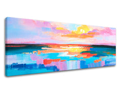 Pop art slika na platnu s motivom ZALAZAK SUNCA, okean, nebo, pejzaž, more i plaža u bijelo-plavih nijansama, mirna atmosfera, pogodan za kancelarije – proizvod