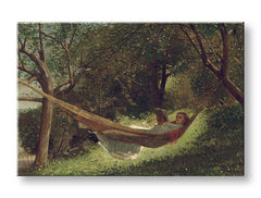 Vintage slika na platnu s motivom Winslow Homer - Dievča v hojdacej sieti, knjiga, drveće, pejzaž, mapa u zelenih nijansama, mirna atmosfera – proizvod, pogled 2