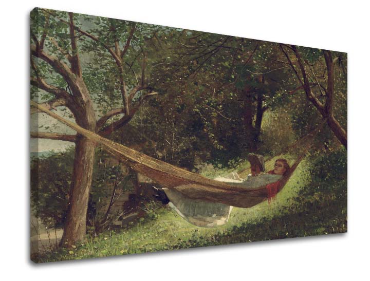 Vintage slika na platnu s motivom Winslow Homer - Dievča v hojdacej sieti, knjiga, drveće, pejzaž, mapa u zelenih nijansama, mirna atmosfera – proizvod
