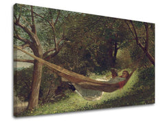 Vintage slika na platnu s motivom Winslow Homer - Dievča v hojdacej sieti, knjiga, drveće, pejzaž, mapa u zelenih nijansama, mirna atmosfera – proizvod
