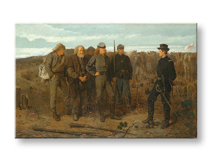 Vintage slika na platnu s motivom Winslow Homer - Zatvorenici z frontu, konji, pejzaž, mapa, priroda u bež-plavih nijansama, svečana atmosfera – proizvod, pogled 2