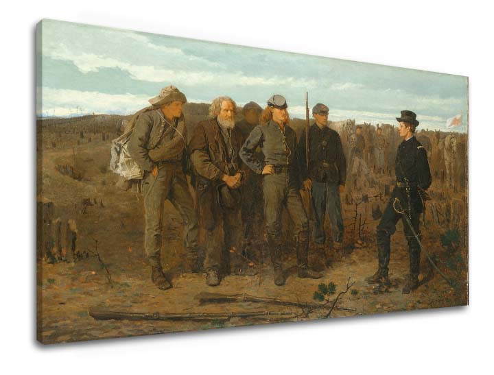 Vintage slika na platnu s motivom Winslow Homer - Zatvorenici z frontu, konji, pejzaž, mapa, priroda u bež-plavih nijansama, svečana atmosfera – proizvod