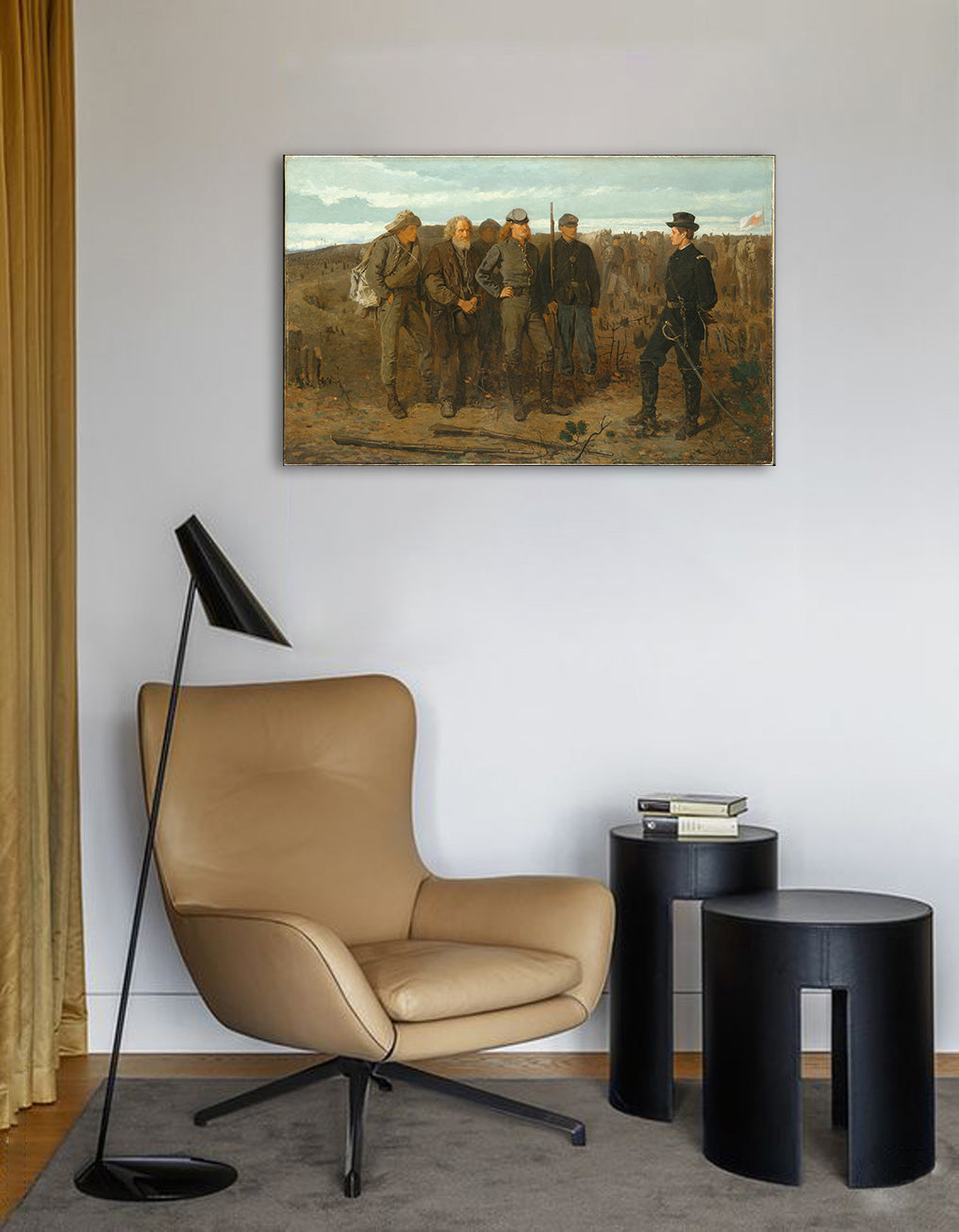Vintage slika na platnu s motivom Winslow Homer - Zatvorenici z frontu, konji, pejzaž, mapa, priroda u bež-plavih nijansama, svečana atmosfera – glavna