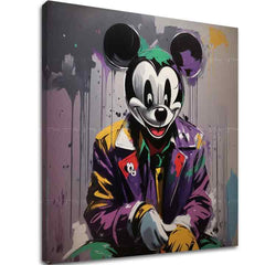 U boho stilu slika na platnu s motivom Ochranca Mickey Mouse, dječji motiv u ljubičasto-sivih nijansama, drska atmosfera, nostalgija, pogodan za dnevnog boravka – glavna