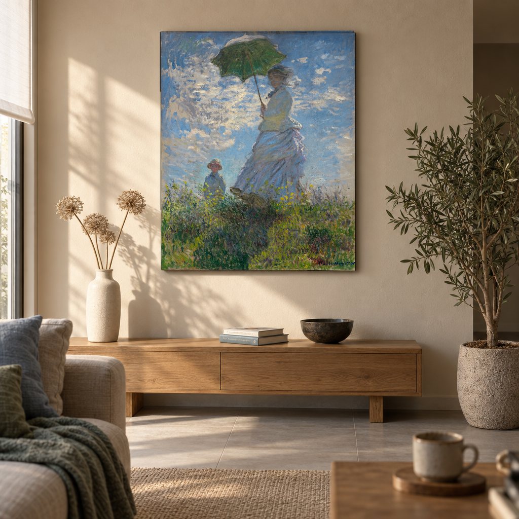 Slika na platnu Žena sa suncobranom – Claude Monet u dnevnoj sobi
