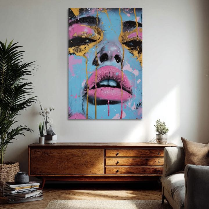 Ručno slikan slika na platnu s motivom Neon Lips na platnu u plavo-zlatnih nijansama, odvažna atmosfera, ljepota | Slika Neon Lips na platnu – proizvod, pogled 2