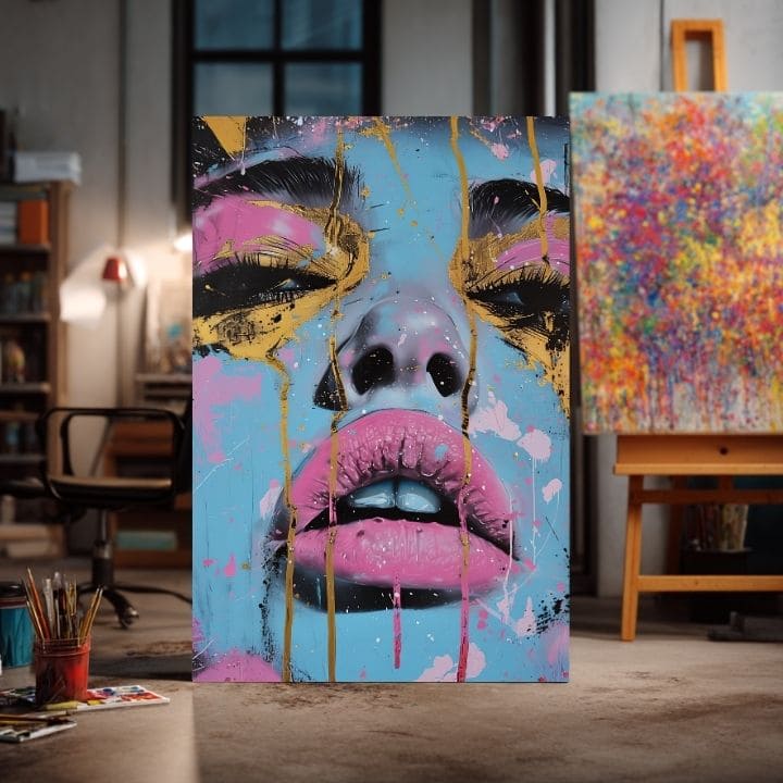 Ručno slikan slika na platnu s motivom Neon Lips na platnu u plavo-zlatnih nijansama, odvažna atmosfera, ljepota | Slika Neon Lips na platnu – proizvod