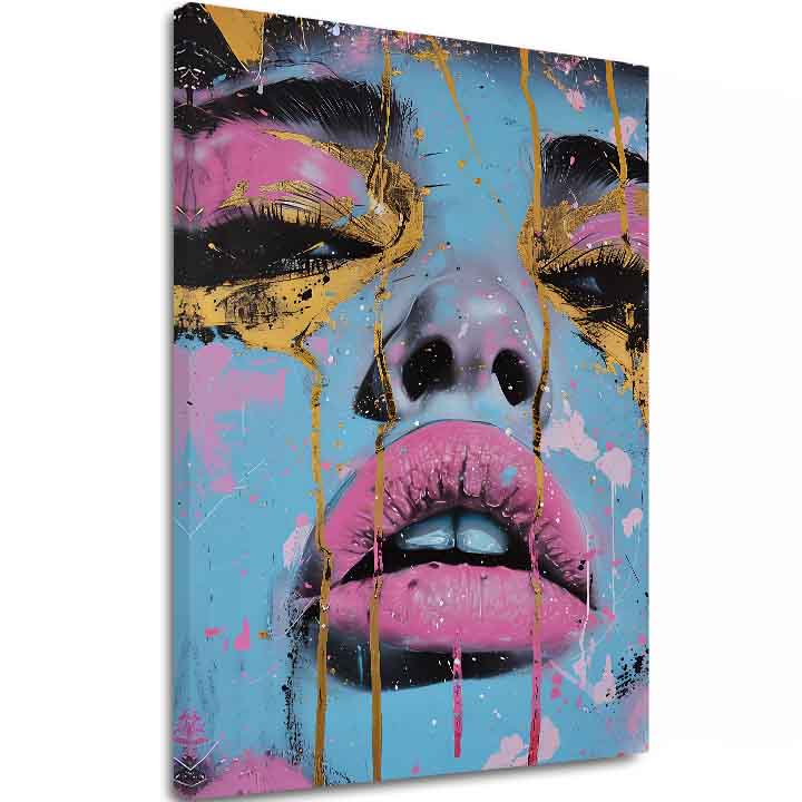 Ručno slikan slika na platnu s motivom Neon Lips na platnu u plavo-zlatnih nijansama, odvažna atmosfera, ljepota | Slika Neon Lips na platnu – glavna