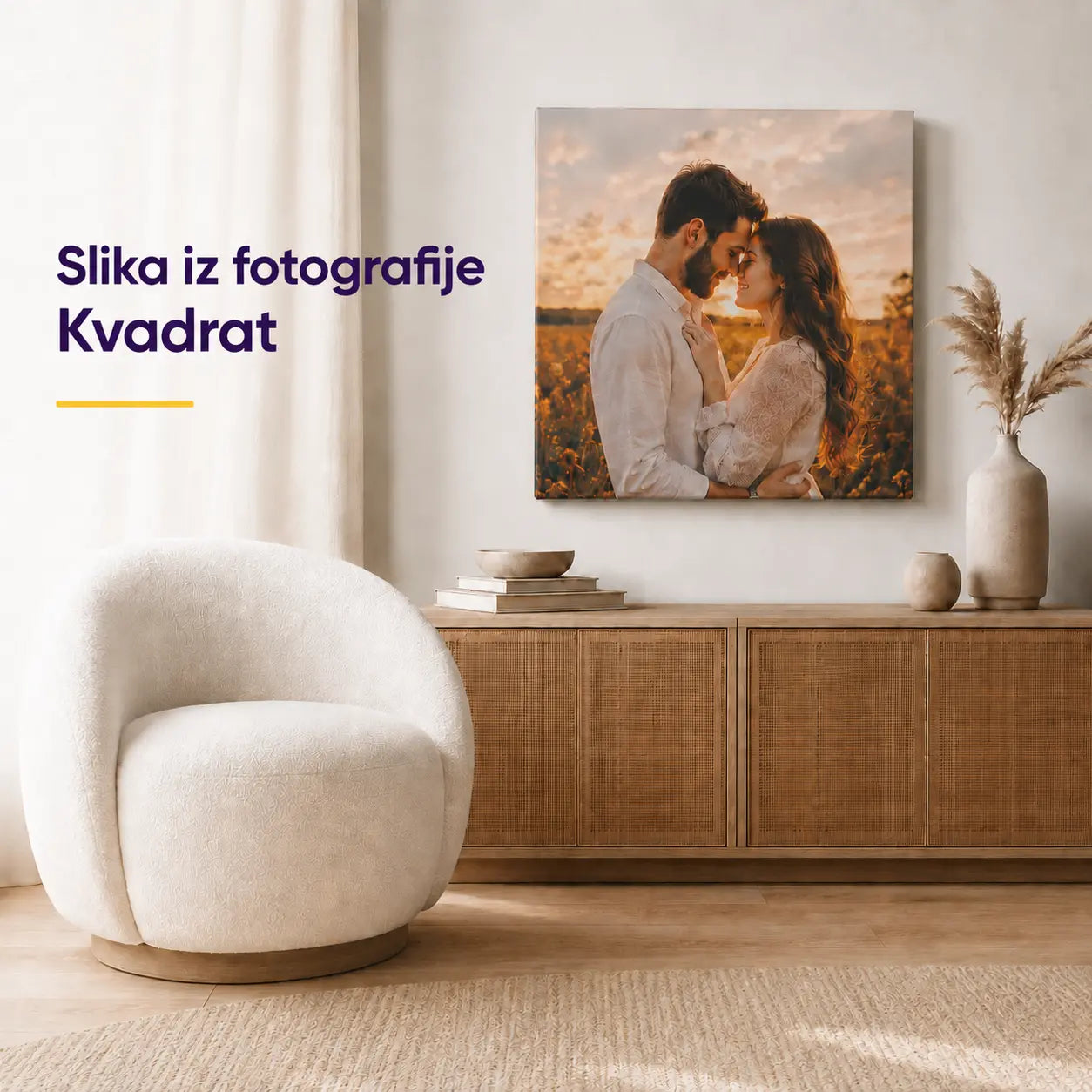 Slika od fotografije na platnu – kvadrat, personalizirana fotoslika za zid u dnevnom boravku
