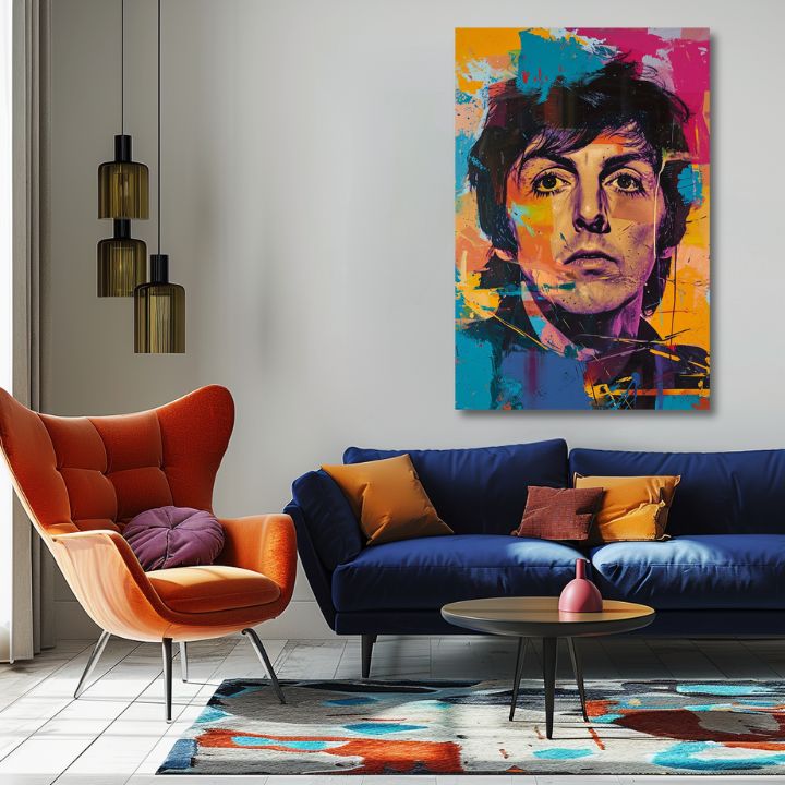 Ručno slikan slika na platnu s motivom Paul McCartney - Beatlesovský génius u žuto-ljubičastih nijansama, energična atmosfera | Slika Paul McCartney - Beatlesovský génius – proizvod, pogled 2