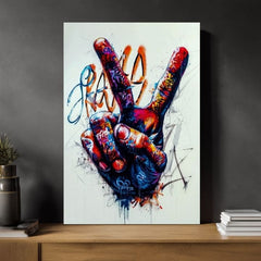 Moderan slika na platnu s motivom Peace Hand u crno-bijelih nijansama, energična atmosfera | Slika Peace Hand, zidna dekoracija – proizvod