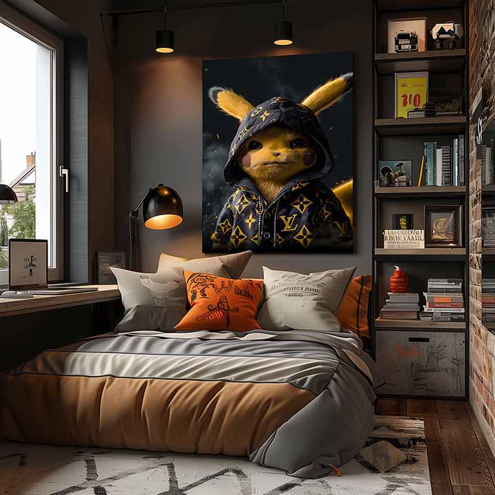 Moderan slika na platnu s motivom Pikachu: Streetwear kralj u crno-zlatnih nijansama, pop kultura | Slika Pikachu: Streetwear kralj – proizvod