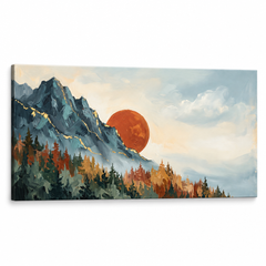 Slika planinskog pejzaža sa gustom četinarskom šumom i velikim zalazećim suncem na platnu — 3D vizualizacija sa vidljivim drvenim ramom, Papilora Premium Art.