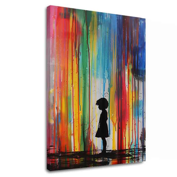 Ručno slikana slika na platnu s motivom Rainbow Silhouette na platnu, dijete, boja koja se cijedi, duga u žuto-zelenim nijansama | Slika Rainbow Silhouette na platnu – glavna