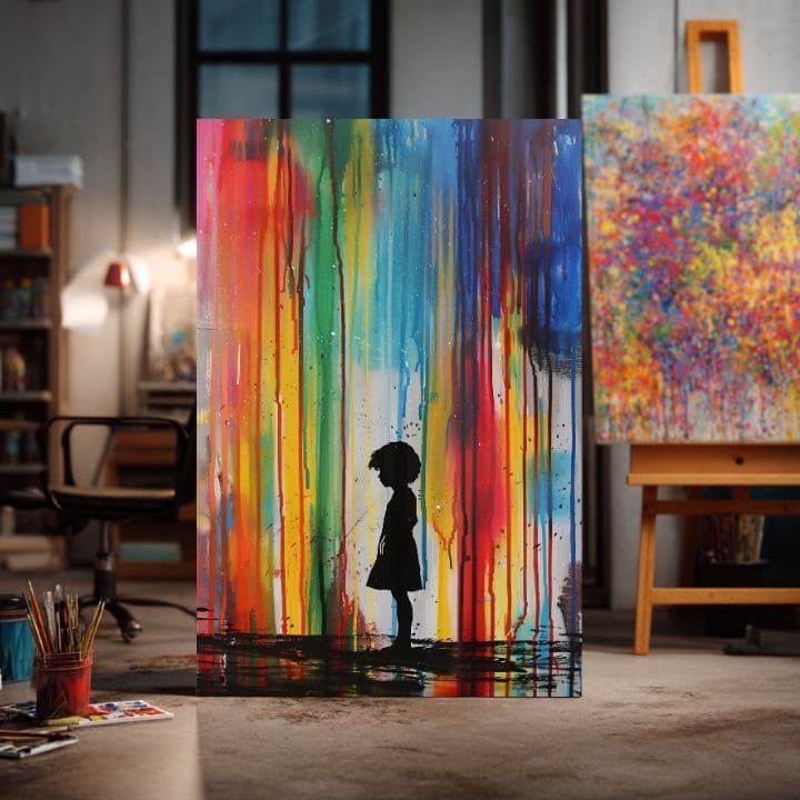 Ručno slikan slika na platnu s motivom Rainbow Silhouette na platnu, duga u plavo-zelenih nijansama, melanholična atmosfera | Slika Rainbow Silhouette na platnu – proizvod, pogled 4