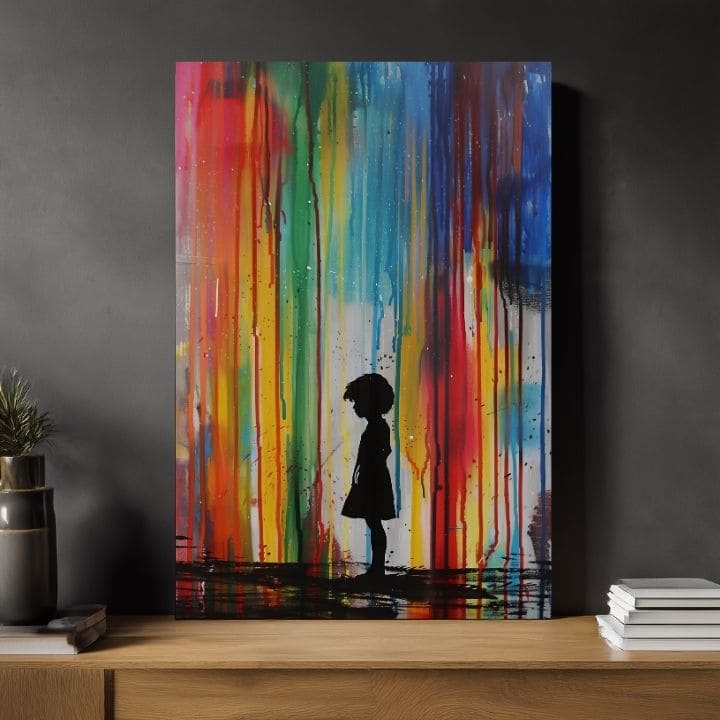 Ručno slikan slika na platnu s motivom Rainbow Silhouette na platnu, duga u plavo-zelenih nijansama, melanholična atmosfera | Slika Rainbow Silhouette na platnu – proizvod