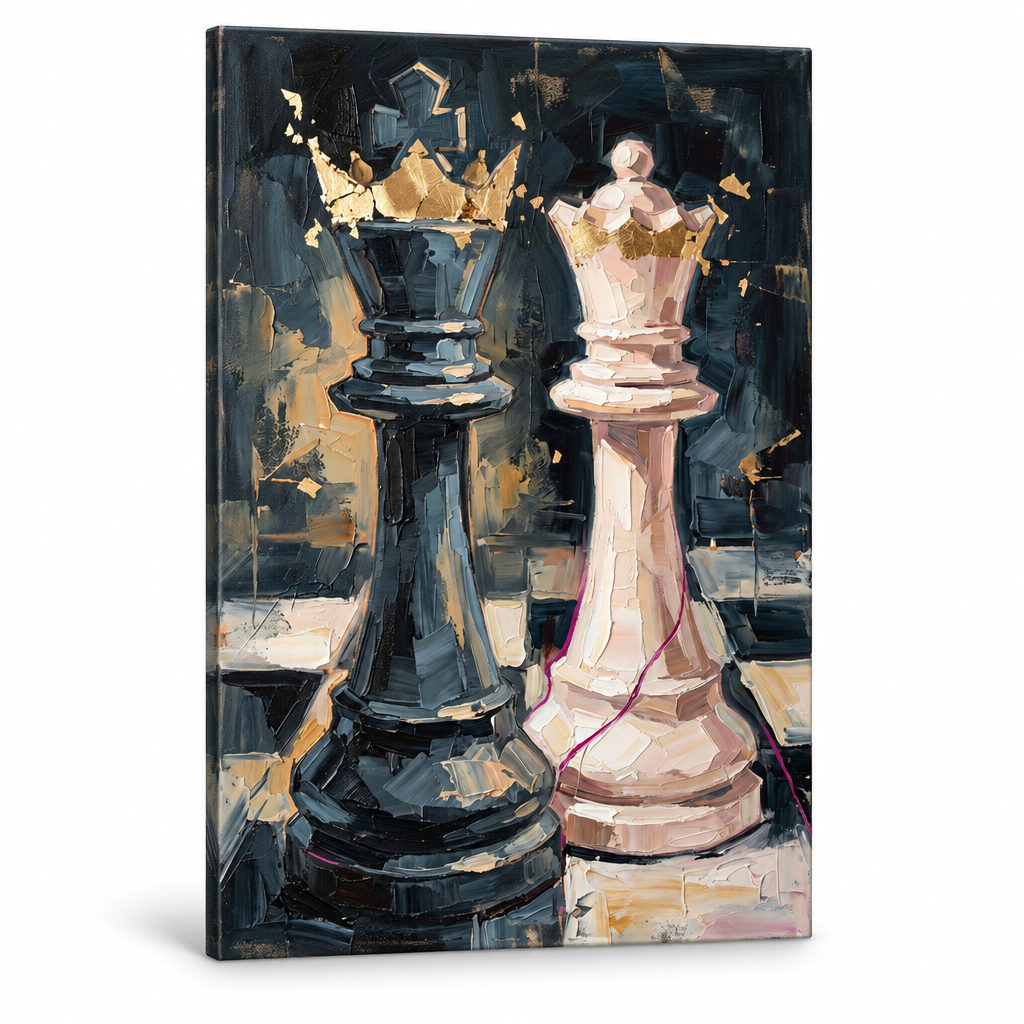 Slika šahovske figure kralja na platnu sa vidljivom teksturom drvenog okvira, Premium Art kolekcija Papilora.