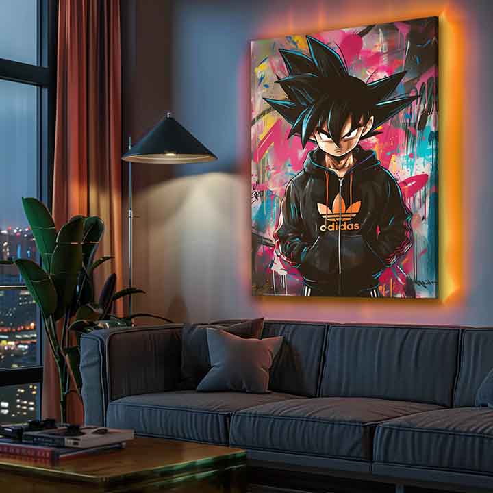 Moderan slika na platnu s motivom Saiyan: Bojovník moci u crno-ljubičastih nijansama, energična atmosfera | Slika Saiyan: Bojovník moci – proizvod