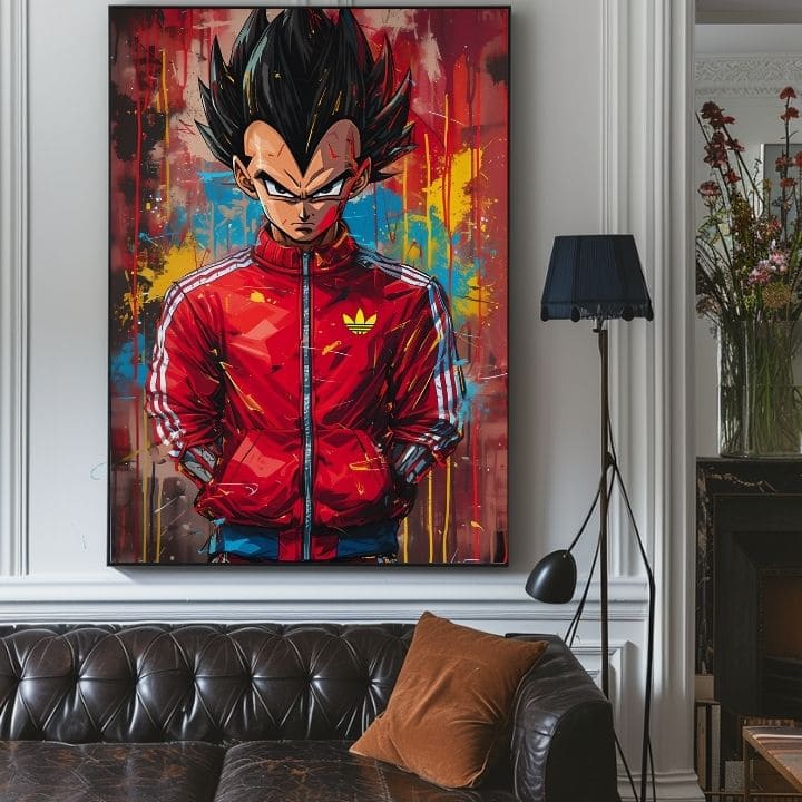 Ručno slikan slika na platnu s motivom Saiyan: Sila bojovníka u crveno-crnih nijansama, intenzivna atmosfera, pop kultura i snaga i moć | Slika Saiyan: Sila bojovníka – proizvod, pogled 5