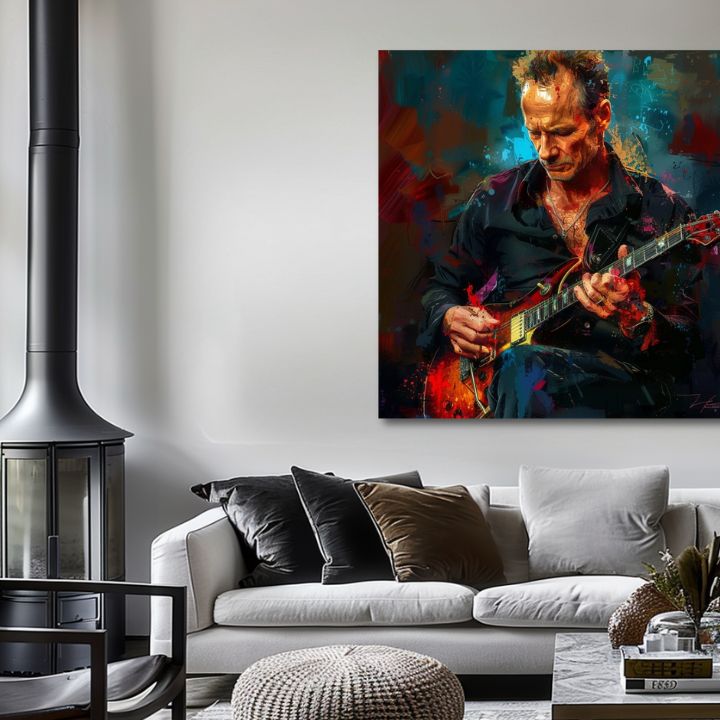 Ručno slikan slika na platnu s motivom Sting - Kralj Grammy u plavo-crvenih nijansama, intenzivna atmosfera, rock and roll i kreativnost | Slika Sting - Kralj Grammy – proizvod
