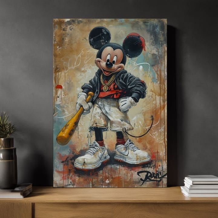 Ručno slikan slika na platnu s motivom Street Mickey na platnu u crno-bijelih nijansama, drska atmosfera, pop kultura i gradski život | Slika Street Mickey na platnu – proizvod, pogled 2
