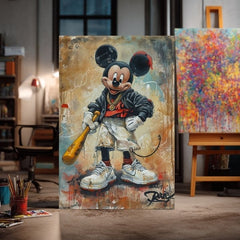 Ručno slikan slika na platnu s motivom Street Mickey na platnu u crno-bijelih nijansama, drska atmosfera, pop kultura i gradski život | Slika Street Mickey na platnu – proizvod, pogled 3