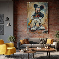 Ručno slikan slika na platnu s motivom Street Mickey na platnu u crno-bijelih nijansama, drska atmosfera, pop kultura i gradski život | Slika Street Mickey na platnu – proizvod