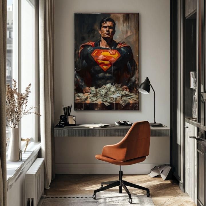Ručno slikan slika na platnu s motivom Superman: Muž peňazí u crveno-žutih nijansama, snaga i moć | Slika Superman: Muž peňazí – proizvod, pogled 2
