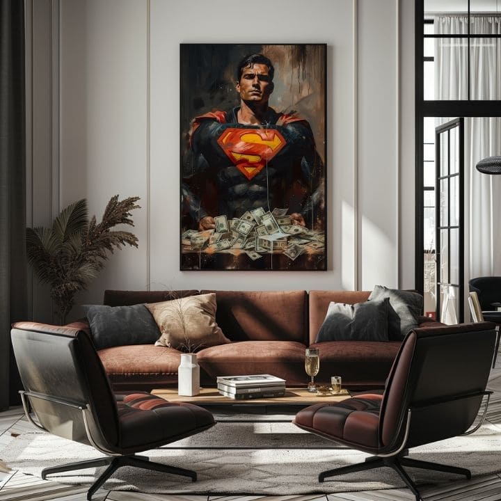 Ručno slikan slika na platnu s motivom Superman: Muž peňazí u crveno-žutih nijansama, snaga i moć | Slika Superman: Muž peňazí – proizvod, pogled 4