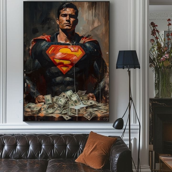 Ručno slikan slika na platnu s motivom Superman: Muž peňazí u crveno-žutih nijansama, snaga i moć | Slika Superman: Muž peňazí – proizvod
