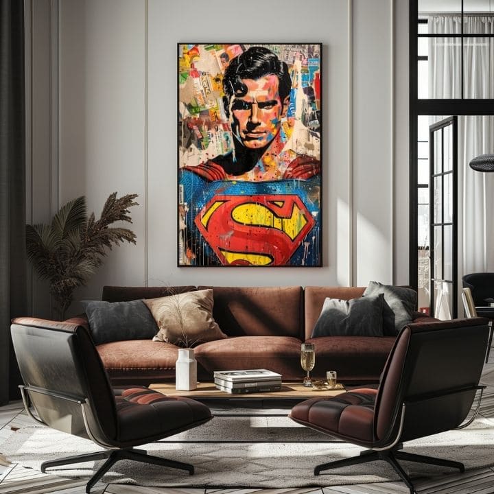 Ručno slikan slika na platnu s motivom Superman: Pop ikona u plavo-žutih nijansama, pop kultura i gradski život | Slika Superman: Pop ikona – proizvod, pogled 2