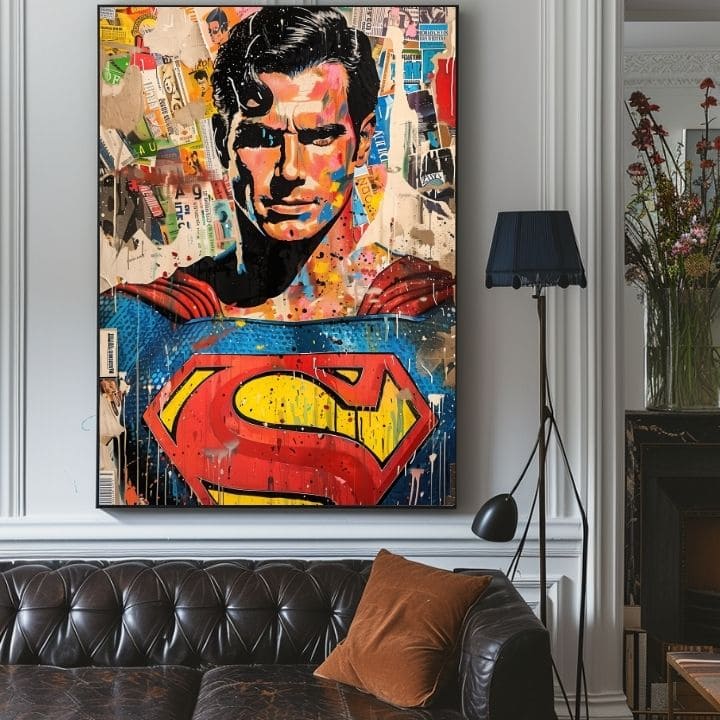 Ručno slikan slika na platnu s motivom Superman: Pop ikona u plavo-žutih nijansama, pop kultura i gradski život | Slika Superman: Pop ikona – proizvod, pogled 3