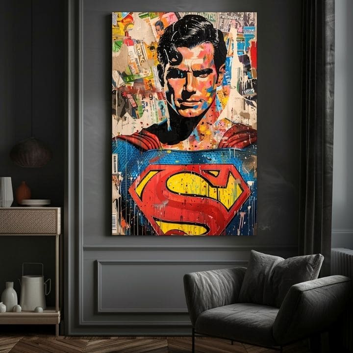 Ručno slikan slika na platnu s motivom Superman: Pop ikona u plavo-žutih nijansama, pop kultura i gradski život | Slika Superman: Pop ikona – proizvod, pogled 4