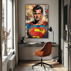 Ručno slikan slika na platnu s motivom Superman: Pop ikona u plavo-žutih nijansama, pop kultura i gradski život | Slika Superman: Pop ikona – proizvod