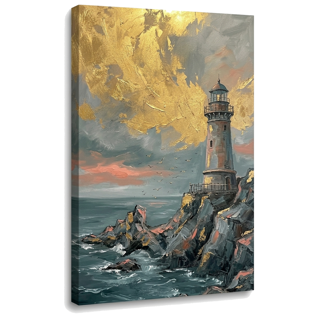Slika svetionika na stenovitoj litici usred uzburkanog mora na platnu — 3D vizuelizacija platna sa vidljivim drvenim ramom, Papilora Premium Art.