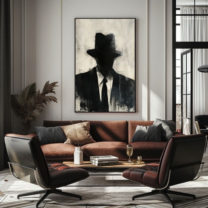 Ručno slikan slika na platnu s motivom The Faceless Mobster u crno-bijelih nijansama, tajanstvena atmosfera, tajna i gradski život | Slika The Faceless Mobster – proizvod, pogled 2