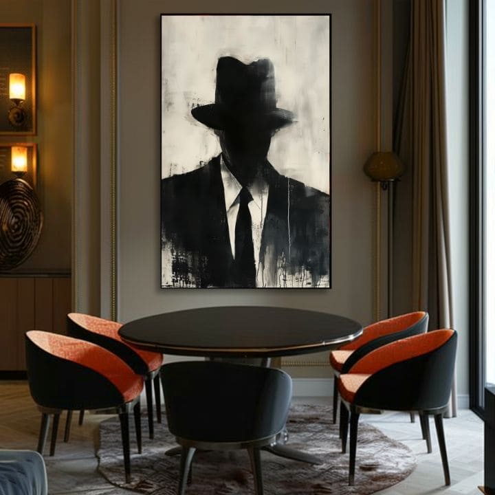 Ručno slikan slika na platnu s motivom The Faceless Mobster u crno-bijelih nijansama, tajanstvena atmosfera, tajna i gradski život | Slika The Faceless Mobster – proizvod, pogled 3