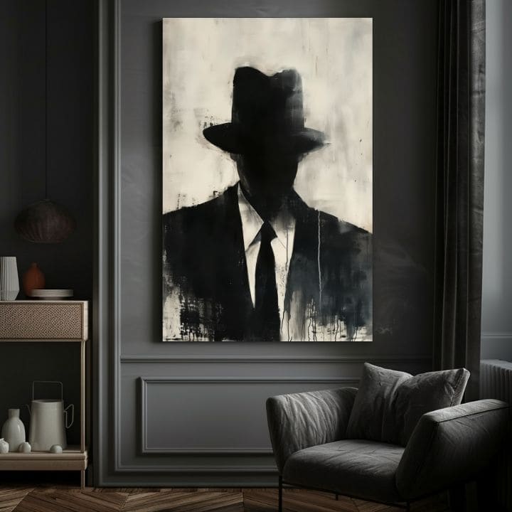 Ručno slikan slika na platnu s motivom The Faceless Mobster u crno-bijelih nijansama, tajanstvena atmosfera, tajna i gradski život | Slika The Faceless Mobster – proizvod, pogled 4