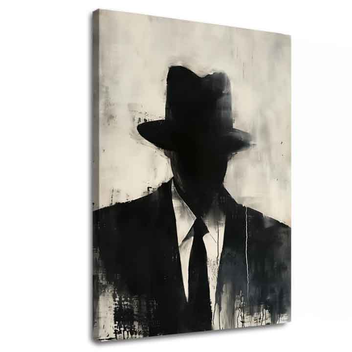 Ručno slikan slika na platnu s motivom The Faceless Mobster u crno-bijelih nijansama, tajanstvena atmosfera, tajna i gradski život | Slika The Faceless Mobster – glavna