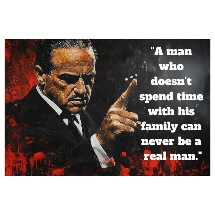 Pop art slika na platnu s motivom The Godfather na platnu, muškarac u odijelu u crno-crvenih nijansama, intenzivna atmosfera, porodica i snaga i moć – glavna