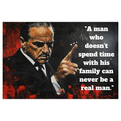 Pop art slika na platnu s motivom The Godfather na platnu, muškarac u odijelu u crno-crvenih nijansama, intenzivna atmosfera, porodica i snaga i moć – glavna