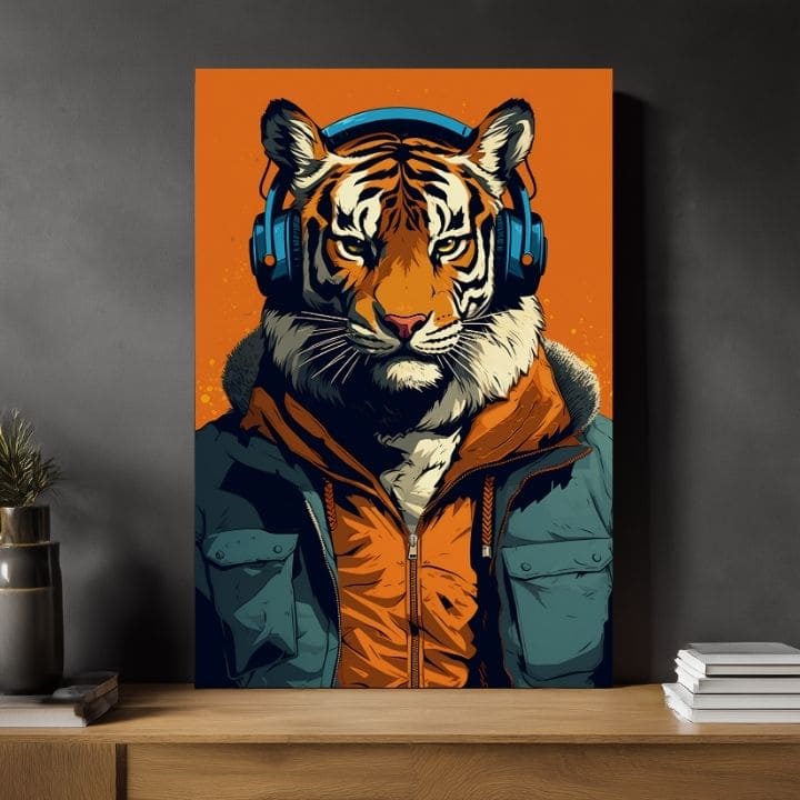 Moderan slika na platnu s motivom Tiger Vibes, tigar, slušalice, sako u narandžasto-plavih nijansama, priroda | Slika Tiger Vibes – proizvod
